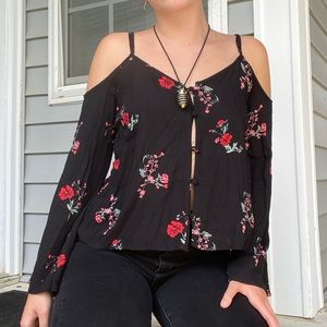 black floral shoulder cut out top